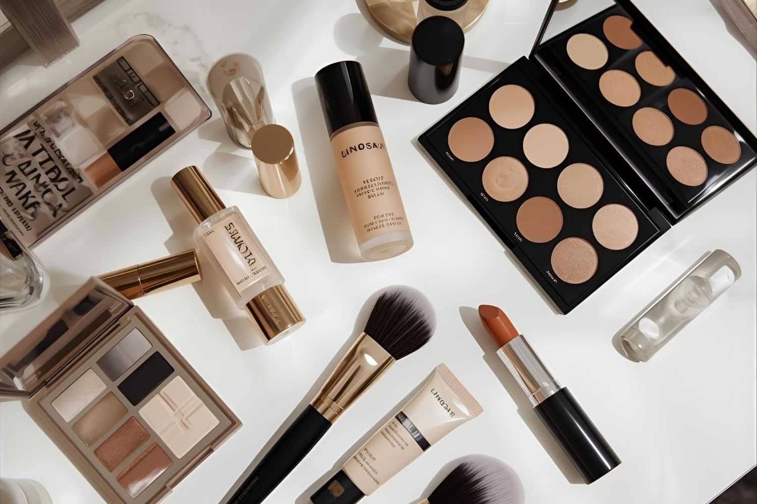 Makeup products and brushes arranged on a table in natural lighting.