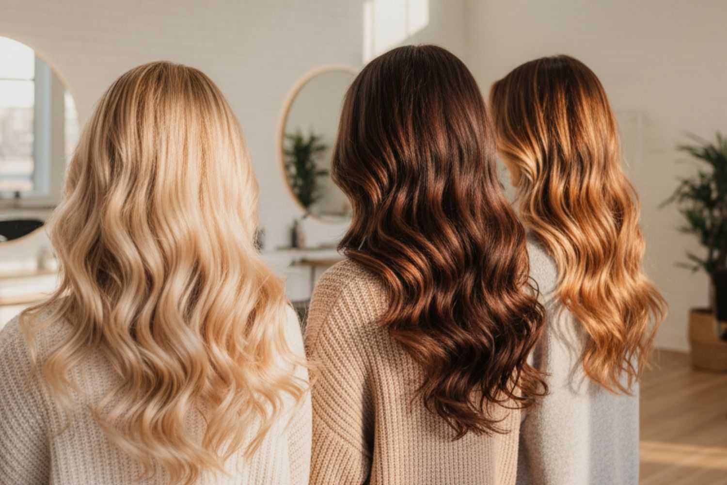 Three women with different long, wavy hair colors in a bright, stylish salon.