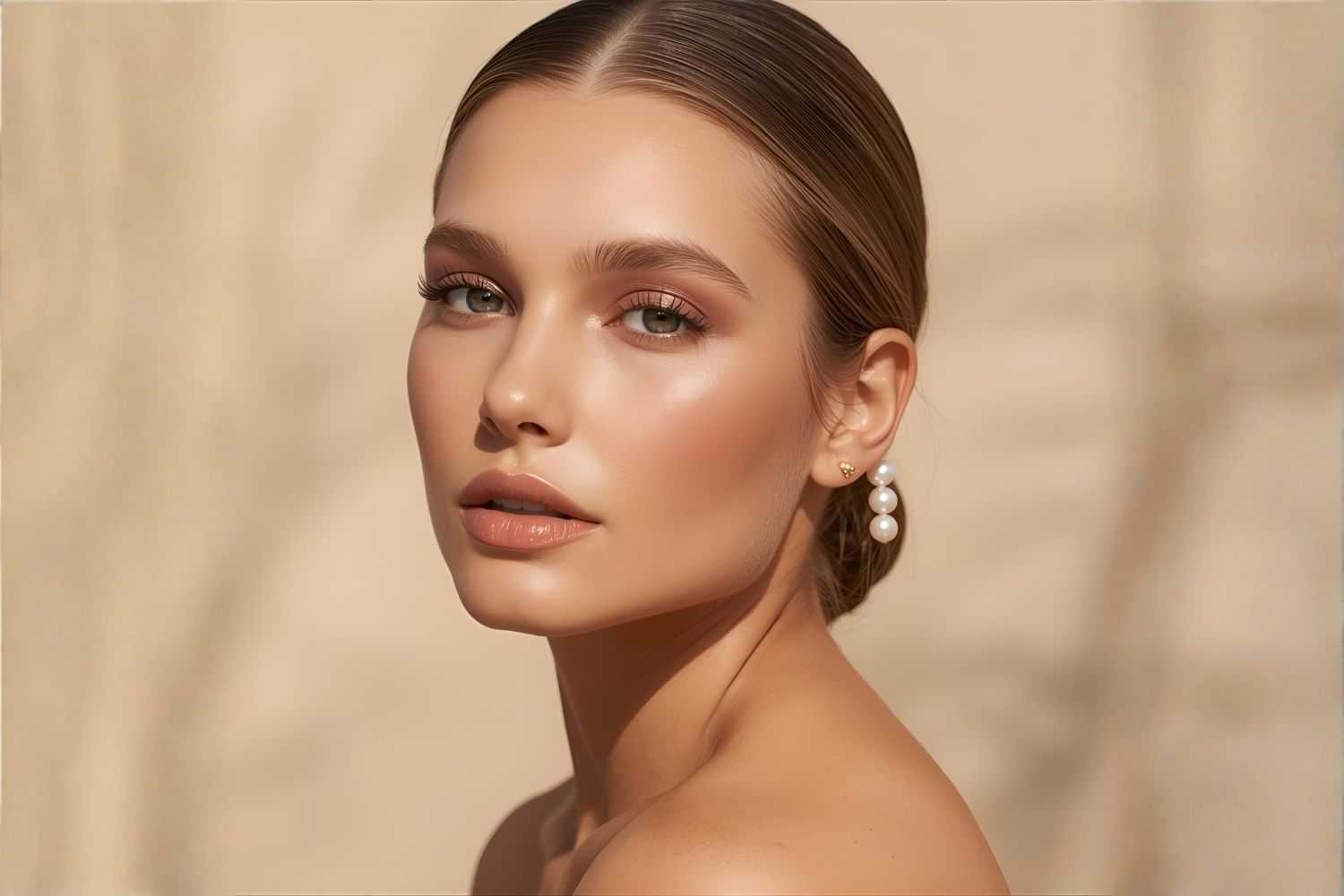 Woman with pearl earrings and smooth skin posed against a neutral background.